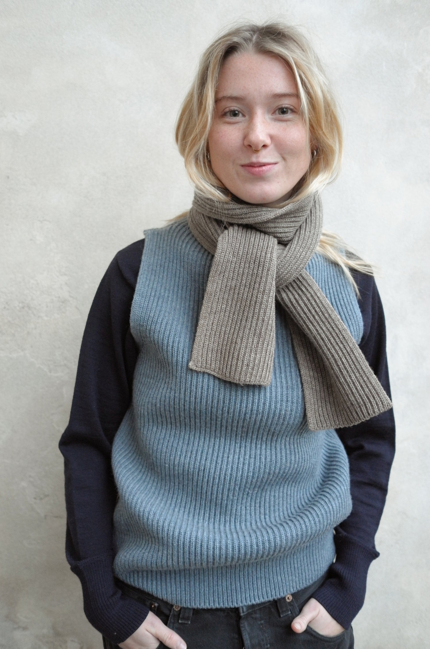 Rosa wearing Short Scarf and Navy Vest
