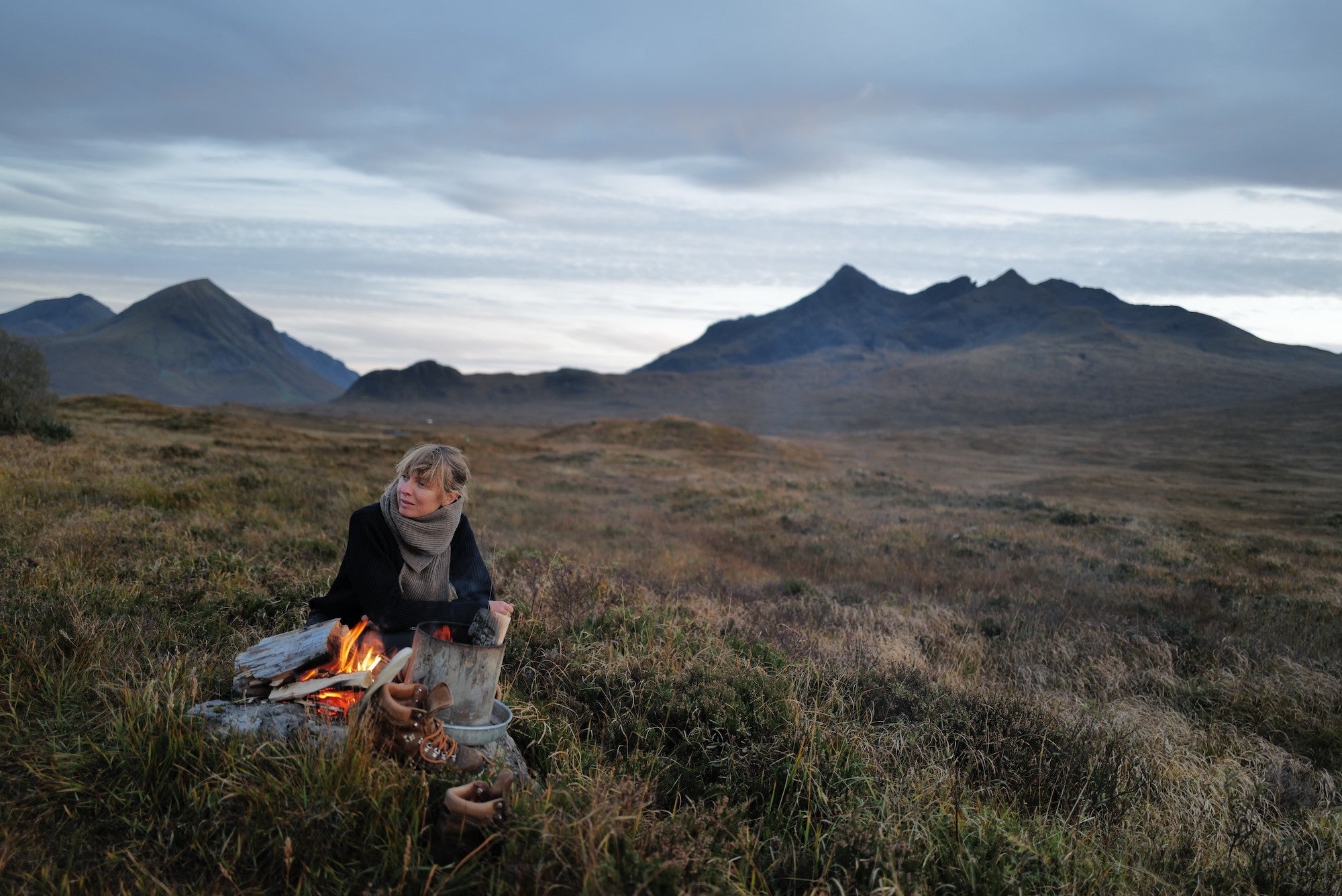 Camilla at the Scottish campside wearing Wide Scarf